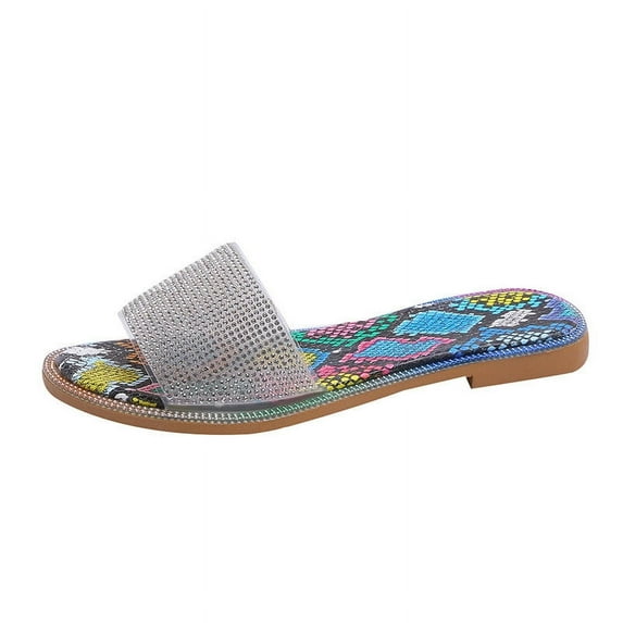 KIJBLAE Women's Bling Rhinestone Sandals Summer Open Toe Beach Flat Slip on Ladies Slides Flip Flops Sandals Silver Bling Sandals for Women Camouflage 37