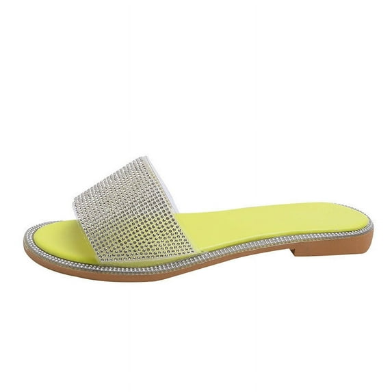 KIJBLAE Women's Bling Rhinestone Sandals Summer Open Toe Beach Flat Slip on Ladies Slides Flip Flops Sandals Silver Bling Sandals for Women Yellow 42