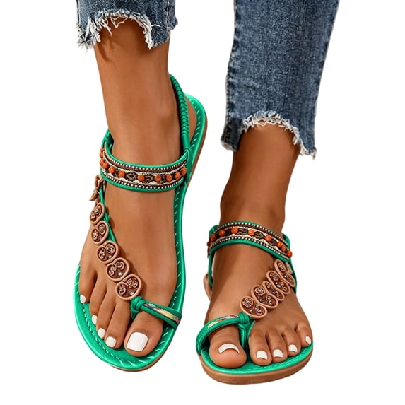 KIJBLAE Women's Bohemian Beaded Sandals, Open Toe with Colorful Bead Detail, Elastic Ankle Strap Comfort Footwear Mint Green 36