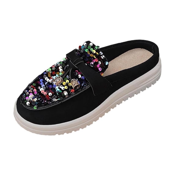 KIJBLAE Women's Bohemian Sequin Closed Toe Mule Flats, Slip On Trendy Comfortable Casual Flat Shoes Multicolor 36