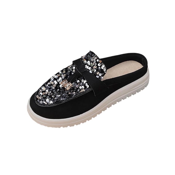 KIJBLAE Women's Bohemian Sequin Closed Toe Mule Flats, Slip On Trendy Comfortable Casual Flat Shoes Silver 42