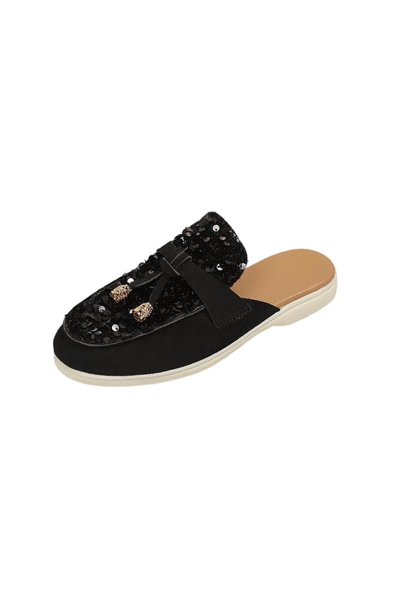 Women's Bohemian Sequin Closed Toe Mule Flats, Slip On Trendy Comfortable Casual Summer Shoes Black 38