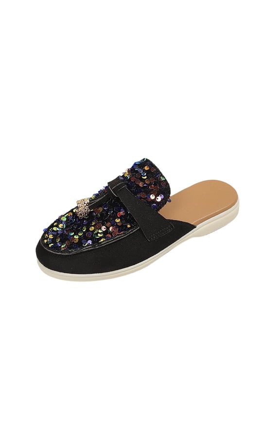 Women's Bohemian Sequin Closed Toe Mule Flats, Slip On Trendy Comfortable Casual Summer Shoes Gold 36