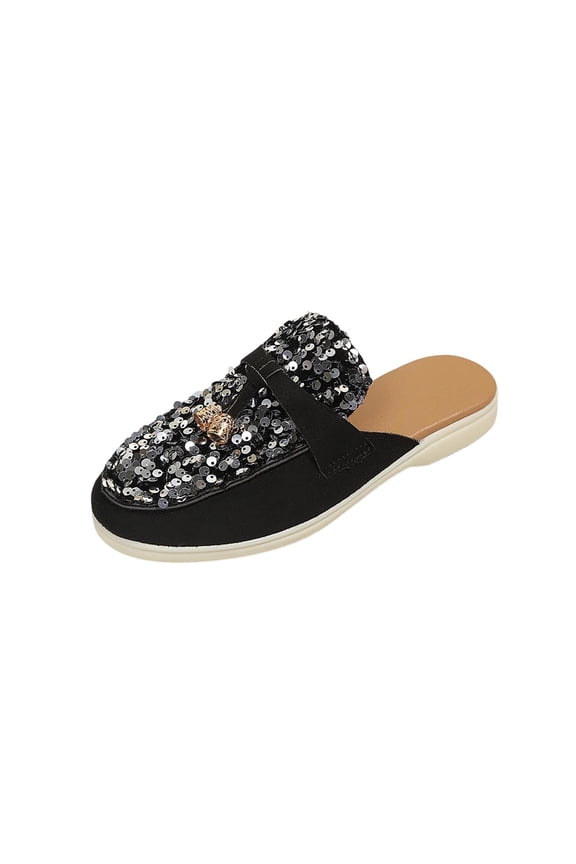 Women's Bohemian Sequin Closed Toe Mule Flats, Slip On Trendy Comfortable Casual Summer Shoes Silver 36