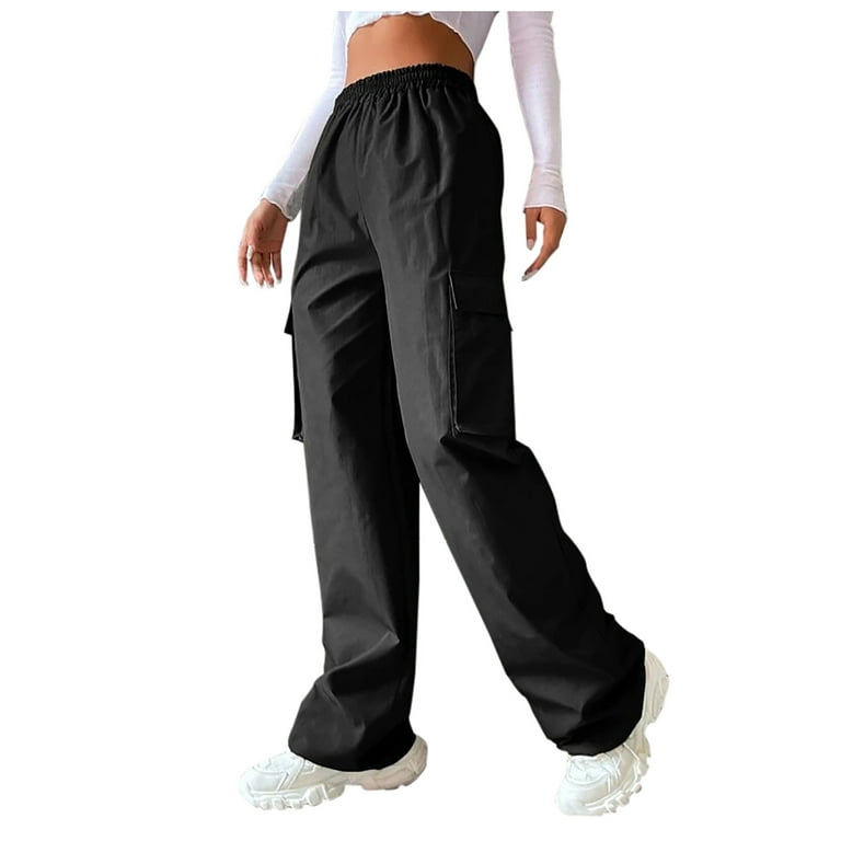 KIJBLAE Women's Bottoms Cargo Pants For Girls Comfy Lounge Casual Pants  Fashion Full Length Trousers Solid Color Black XL 