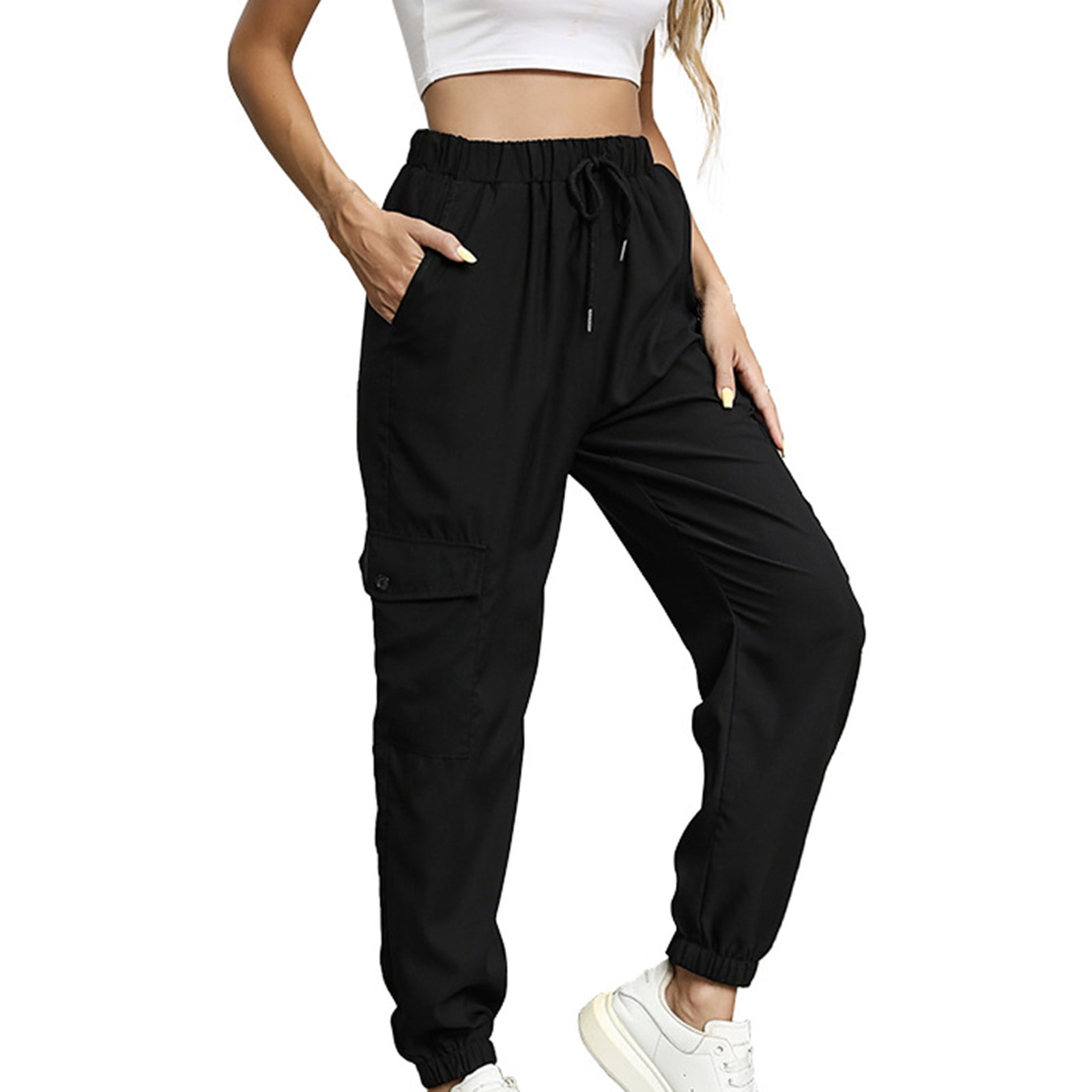 KIJBLAE Women's Bottoms Fashion Full Length Trousers Cargo Pants For Girls  Color Block Comfy Lounge Casual Pants Black L 