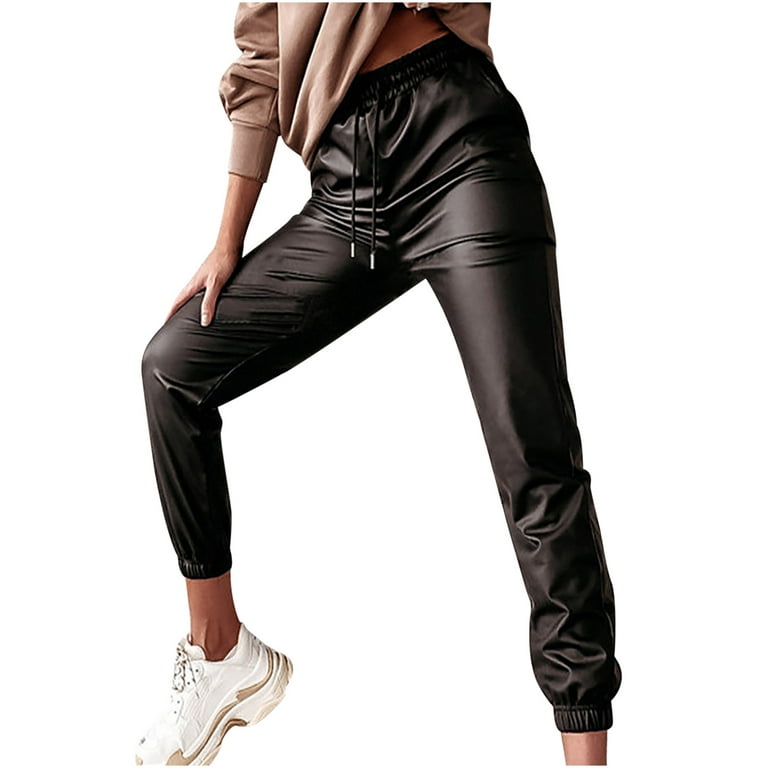 KIJBLAE Women's Bottoms Comfy Lounge Casual Pants Fashion Full Length Trousers  Leather Pants For Girls Solid Color Black M 