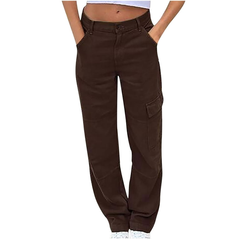 KIJBLAE Women's Bottoms Fashion Full Length Trousers Solid Color Cargo  Pants For Girls Comfy Lounge Casual Pants Brown M
