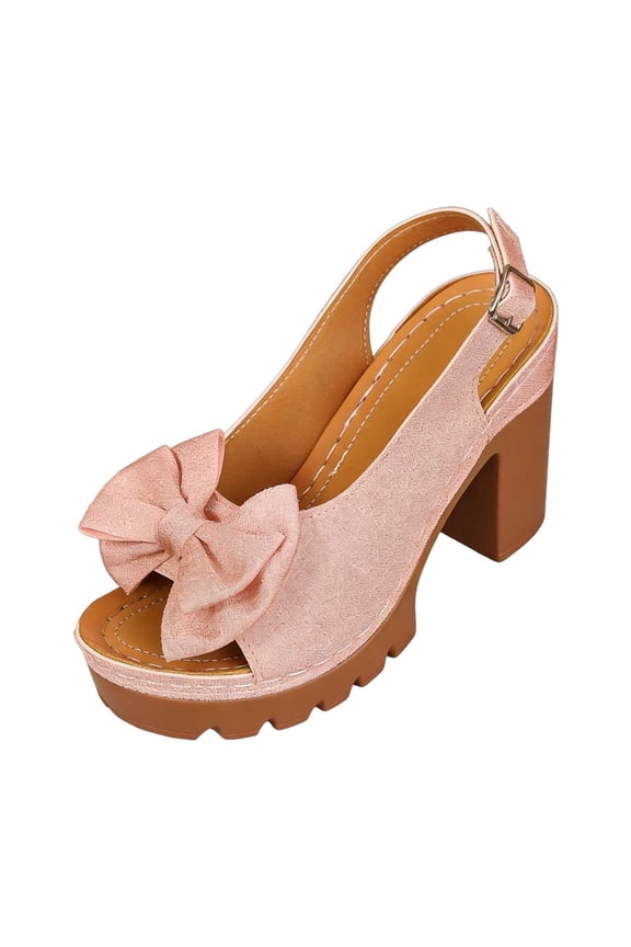 Women's Bow Accent Chunky Heel Sandals, Peep Toe Open Toe Design, Thick Platform Beach Trendy Summer Vacation Shoes Pink 41
