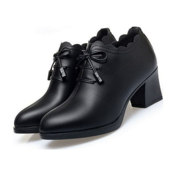 KIJBLAE Women's Bowknot Lace Up Dress Shoes Thick High Heels Office Pumps Ladies Elegant Party Wedding Shoes Black 38