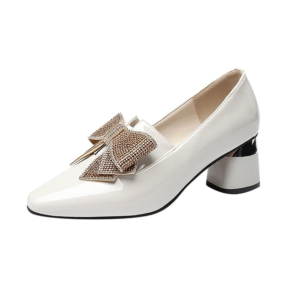 KIJBLAE Women's Bowtie Decorated Pumps Slip-On Patent Leather Shoes Office Dressy Heels Beige 38