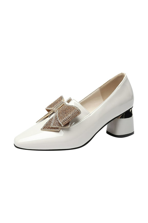Women's Bowtie Decorated Pumps Slip-On Patent Leather Shoes Office Dressy Heels Beige 40
