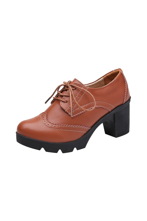 Women's Brogue Shoes Chunky Heels Oxford Shoes Thick Sole Lace Up Round Toe Faux Leather Shoes Retro Martin Boots Coffee 42