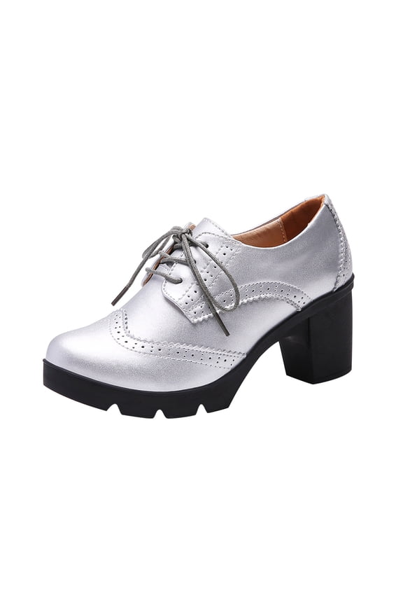 Women's Brogue Shoes Chunky Heels Oxford Shoes Thick Sole Lace Up Round Toe Faux Leather Shoes Retro Martin Boots Silver 41