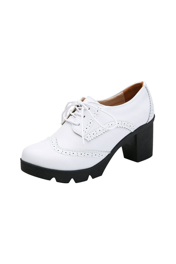 Women's Brogue Shoes Chunky Heels Oxford Shoes Thick Sole Lace Up Round Toe Faux Leather Shoes Retro Martin Boots White 42