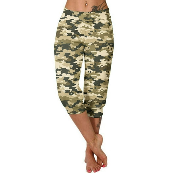 KIJBLAE Women's Capri Harem Pants High Waist Camouflage Printed Cropped Trousers with Pockets Drawstring Elastic Waist Summer Loose Fit Joggers Pants Army Green XXL