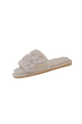 Women's Casual Pearl Decor Furry Open Toe Warm Flat Slippers, Comfortable Fall & Winter Indoor Slippers with Plush Lining for Lounging and Relaxing at Home White 36