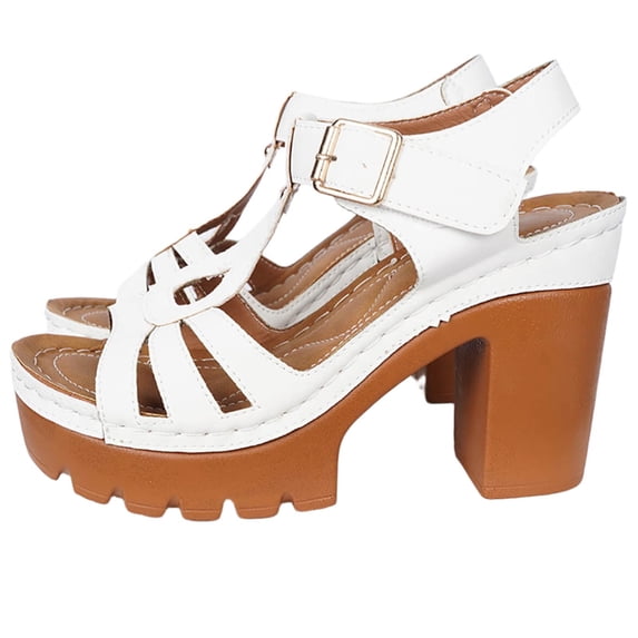 KIJBLAE Women's Chunky Heel Gladiator Sandals, Open-Toe Cutout with Buckle, Plus Size Gothic Comfort Footwear White 42