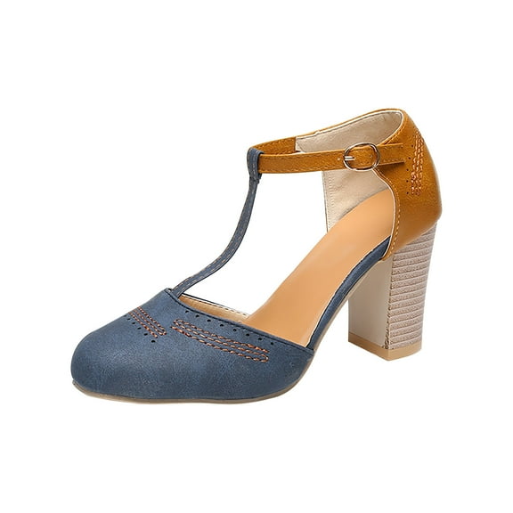 KIJBLAE Women's Chunky Heel Pumps T-Strap Mary Jane Office Dress Shoes Buckle Round Toe Cut-Out Shoes for Party Wedding Blue 37