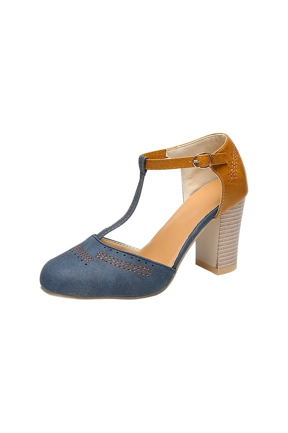 Women's Chunky Heel Pumps T-Strap Mary Jane Office Dress Shoes Buckle Round Toe Cut-Out Shoes for Party Wedding Blue 42