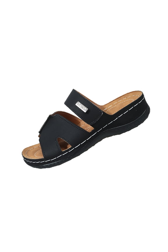 Women's Comfort Solid Color Round Toe Wedge Sandals, Thick Sole Open Toe Casual Slides for Beach Trip Black 36