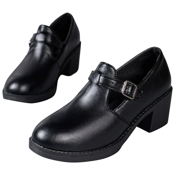 KIJBLAE Women's Comfortable Mary Jane Shoes Buckle Chunky Heel Cutout Pumps Slip-On Round Toe Loafer Office Dress Shoes Black 41