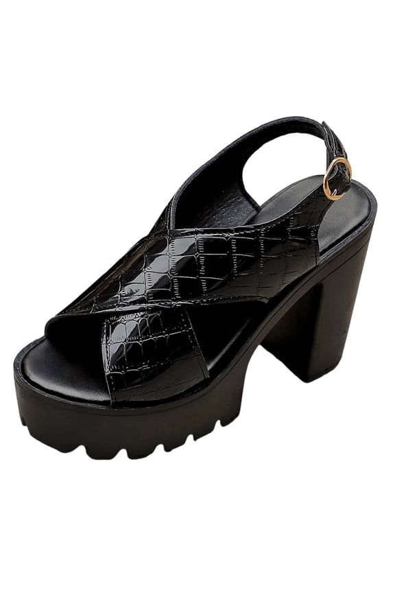 Women's Croc-Embossed Cross-Strap Heel Sandals, Open-Toe Slingback with Chunky Sole, Plus Size Bold Comfort Footwear Black 37