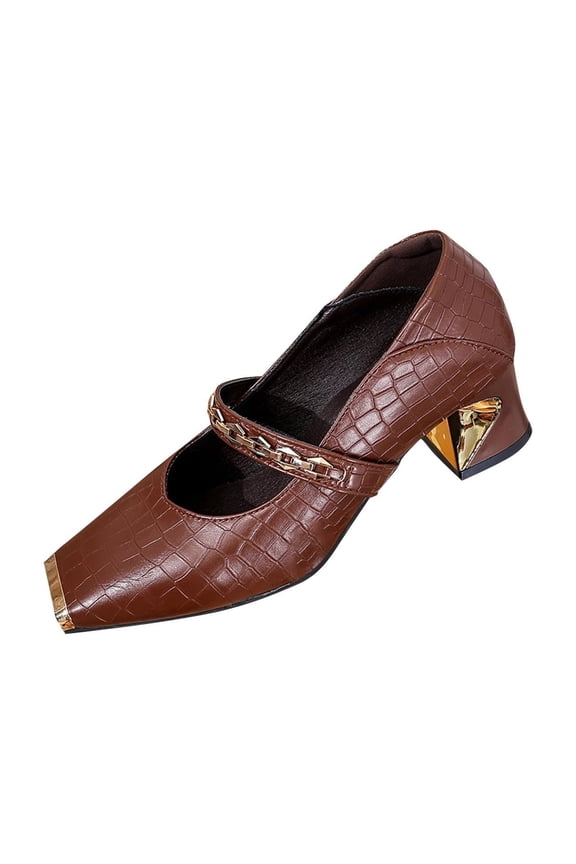 Women's Croc-Embossed Fashion Pumps, Gold Chain Strap & Toe Cap Shoes, Plus Size Retro Comfort Footwear for Office & Street Brown 41
