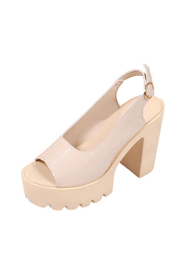 Women's Croc-Embossed Platform Heel Sandals, Peep-Toe Slingback with Chunky Sole, Plus Size Edgy Comfort Footwear Beige 36