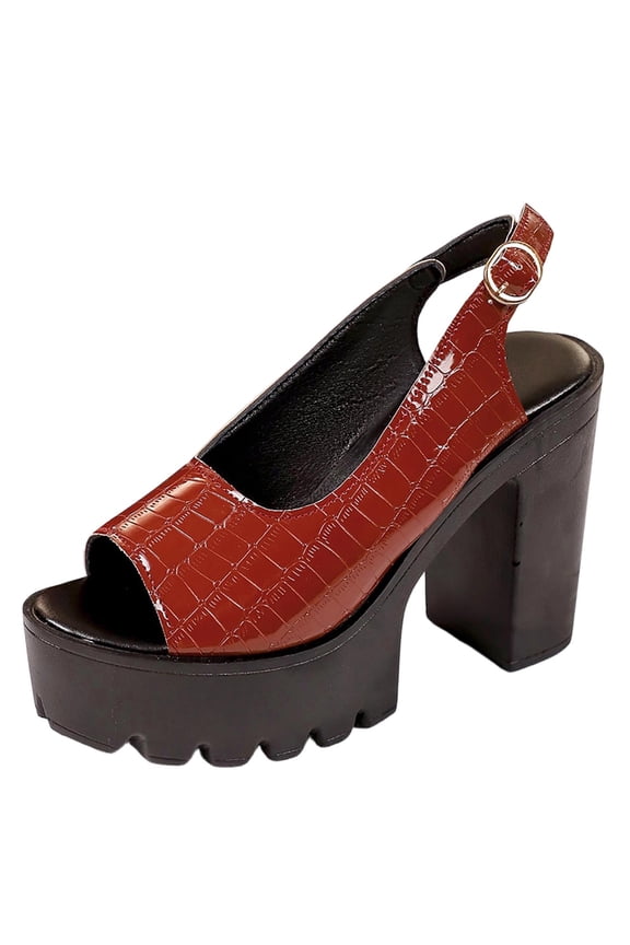 Women's Croc-Embossed Platform Heel Sandals, Peep-Toe Slingback with Chunky Sole, Plus Size Edgy Comfort Footwear Brown 36