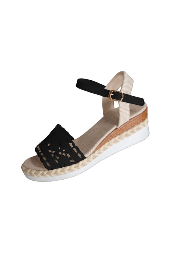 Women's Crochet Lace-Up Wedge Sandals, Open Toe with Ankle Strap, Comfort Platform Footwear Black 38