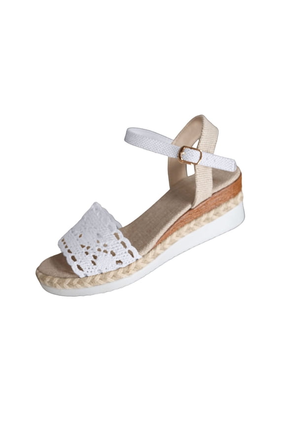 Women's Crochet Lace-Up Wedge Sandals, Open Toe with Ankle Strap, Comfort Platform Footwear White 36