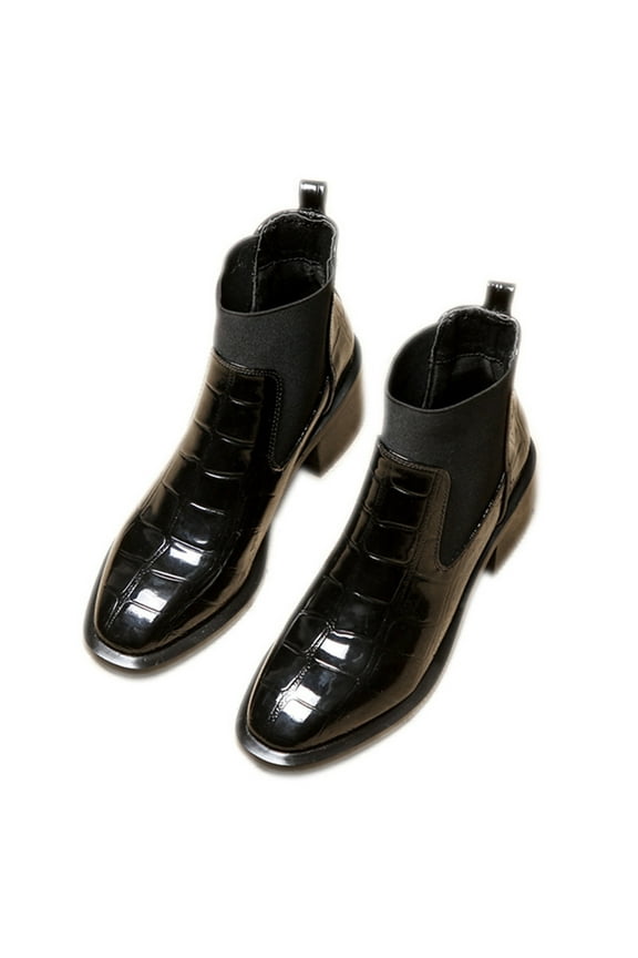 Women's Crocodile Patterned Chelsea Boots Side Elastic Square Toe Slip on Short Boots Chunky Low Heel Fashion Ankle Boots Black 39