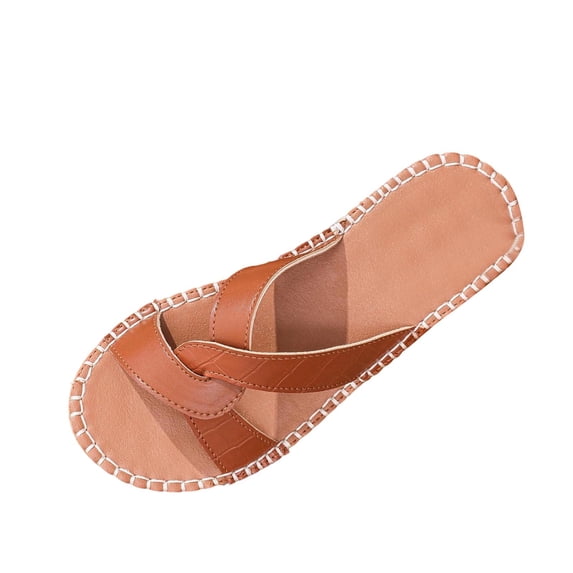 KIJBLAE Women's Cross Strap Open Toe Flat Beach Sandals, Wide Width Lightweight Non Slip Casual Summer Slides Brown 43