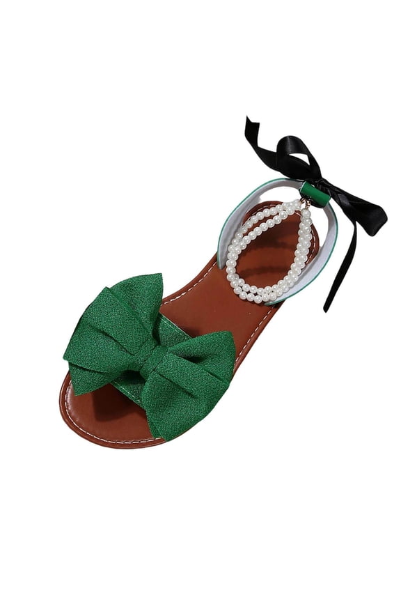 Women's Elegant Pearl Bow Flat Sandals, Solid Color Open Toe Casual Design, Lightweight Comfy Daily Walking Summer Footwear Green 40