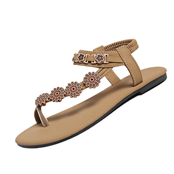 KIJBLAE Women's Ethnic Flower Decor Roman Sandals, Round Open Toe Flat Design, Elastic Strap Comfortable Casual Summer Shoes Khaki 42
