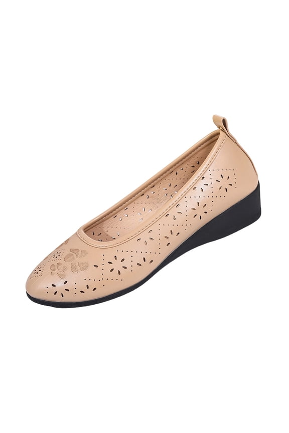 Women's Ethnic Printed Mesh Wedge Flats, Round Toe Hollow Out Slip On Casual Moccasin Shoes Beige 42