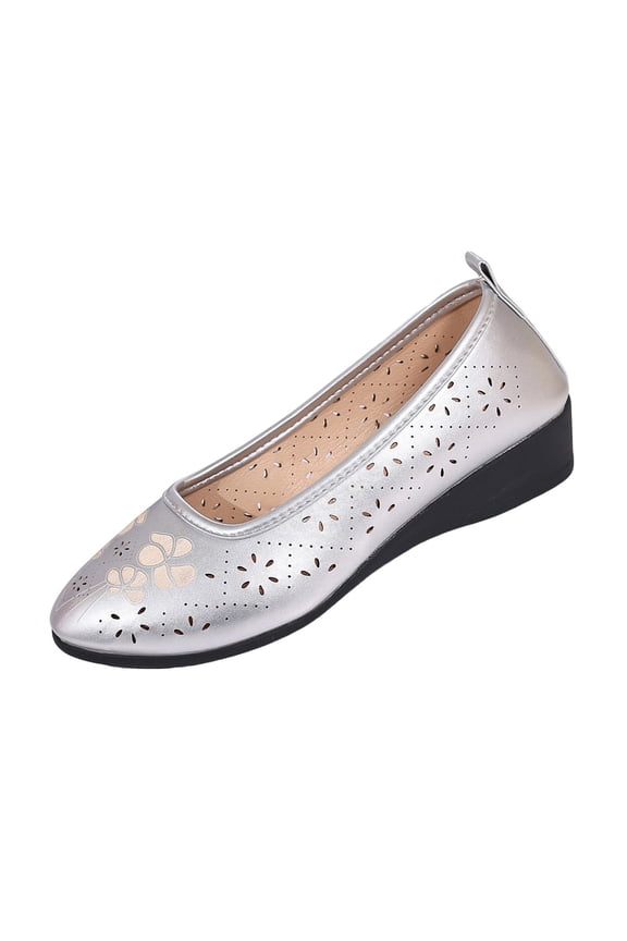Women's Ethnic Printed Mesh Wedge Flats, Round Toe Hollow Out Slip On Casual Moccasin Shoes Silver 42