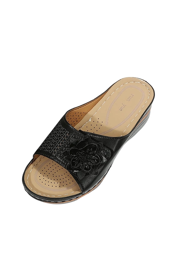 Women's Floral Applique Wedge Slide Sandals, Open-Toe Perforated Slip-On Shoes, Plus Size Comfort Footwear for Summer Black 36