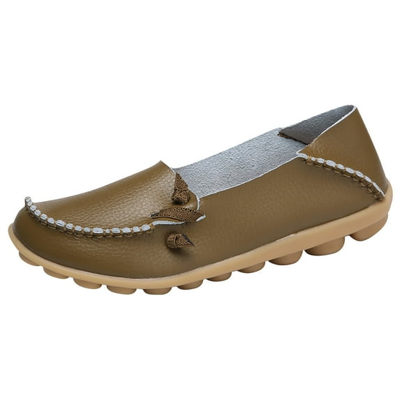 KIJBLAE Women's Faux Leather Loafers Breathable Shoes Soft Slip-On Moccasins Ladies Flat Boat Shoes Comfort Driving Walking Shoes Khaki 36