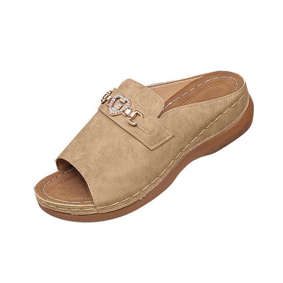 KIJBLAE Women's Glitter Rhinestone Embellished Slide Sandals, Wide Width Open Toe Fashion Comfort Casual Summer Slippers Khaki 36
