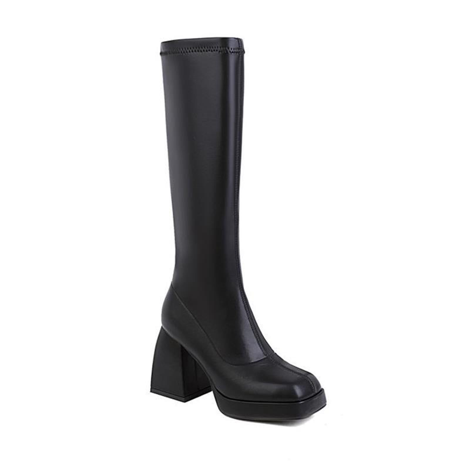 Eldof Women's Knee High Boots - Chunky 3.5" Block Heel, Round Toe, Leather Tall Boots With Side Zipper