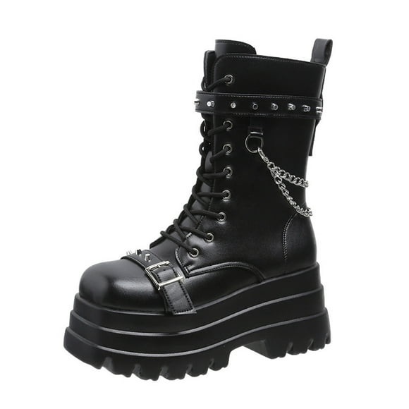 Women's Goth Boots Punk Boots Buckle Belt Boots Gothic Black Shoes Autumn Winter Motorcycle Boots Wedges Black 39