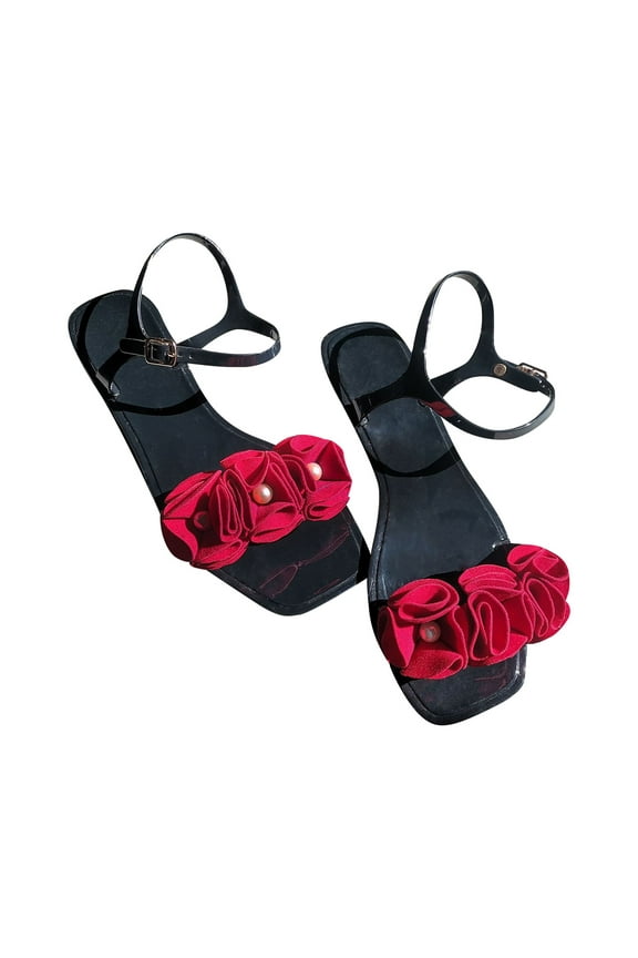 Women's Jelly Sandals with Red Flower Decor Flat Square Toe Sandals Buckle Strap Sandals Summer Shoes Jelly Sandals Black 36