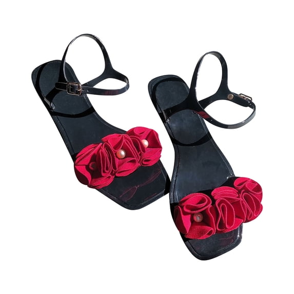 KIJBLAE Women's Jelly Sandals with Red Flower Decor Flat Square Toe Sandals Buckle Strap Sandals Summer Shoes Jelly Sandals Black 39