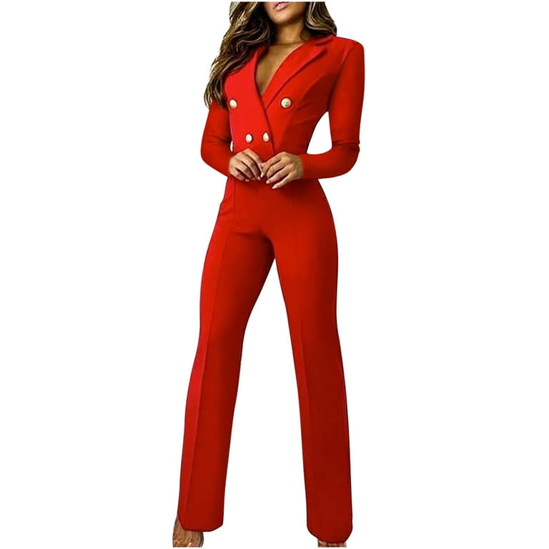 Summer Red Jumpsuit Women Elegant Office Ladies Button Jumpsuit Fashion  Print Casual Wide Leg Pants Jumpsuit (Color : Red, Size : Medium)