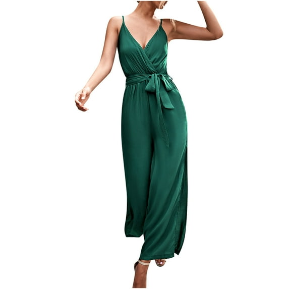KIJBLAE Women's Jumpsuit Solid Color Jumpsuit For Girls Comfy Lounge Casual Pants Fashion Full Trousers Sleeveless Suspenders V Neck Split Jumpsuit Green XL