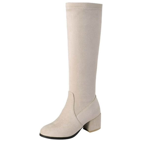 KIJBLAE Women's Over The Knee Boots Block Heel Suede Knee High Boots Winter Warm Boots Stretch Mid Calf Boots Fashion Boots Comfortable Stylish Boots Beige 39