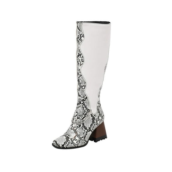 KIJBLAE Women's Knee High Boots Block Heel Chunky Heel Chain Decor Square Toe Boots Faux Leather Boots Fall Winter Boots Fashion Elegant Camouflage 43