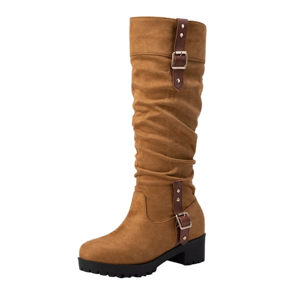 KIJBLAE Women's Knee High Boots Buckle Suede Winter Warm Comfortable Block Heel Mid Calf Boots Fashion Outdoor Zipper Buckle Over The Knee Boots Brown 37
